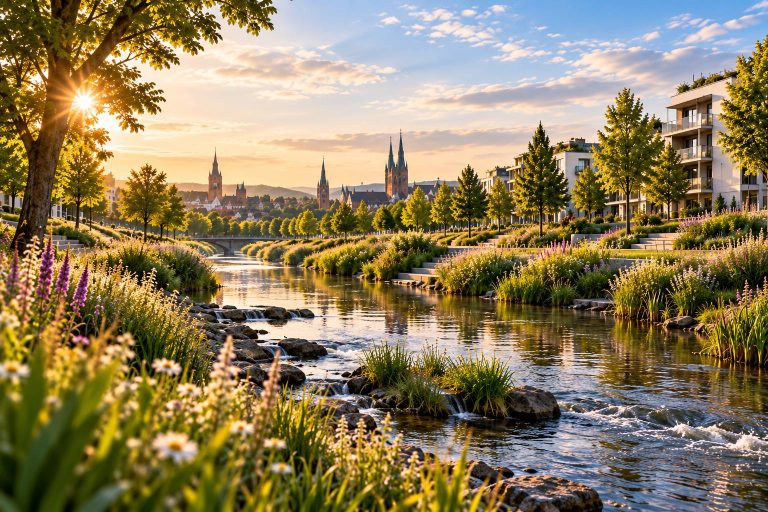 Ein Fluß vor einer Stadt, die KLimaschutz betreibt.